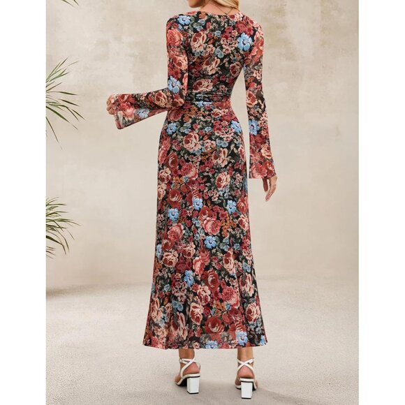 Zesica Women's Floral Black Ruched Mesh Long Sleeve Floral Bodycon Dress - Picture 4 of 5